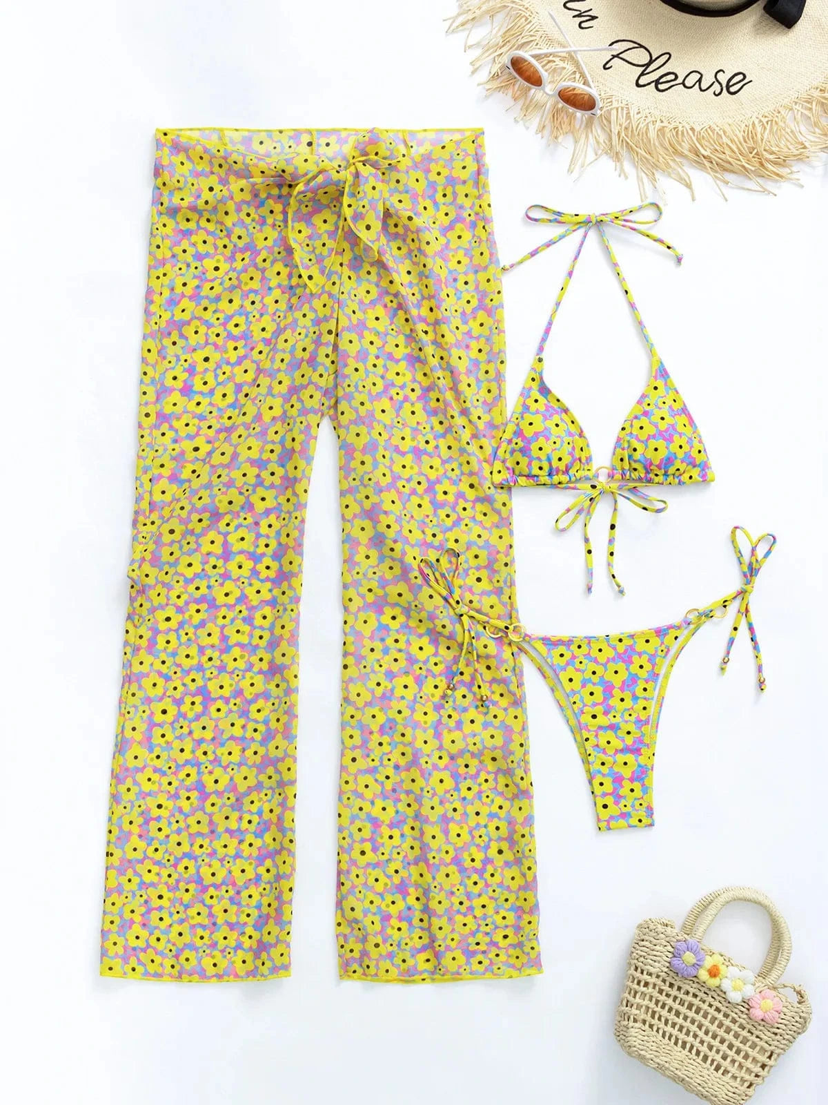 S / Yellow 2024 Printed Pants 3 Piece Swimwear Set Women Beach Bikini Sets Elegant Sexy High Waist Pant Sets and Bikinis Swimsuits Clubwea