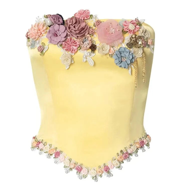S / Yellow 2024 Summer New Y2K Floral Appliques Bustier Top Women Luxury Vintage Spring Clothes Sexy Elegant Strapless Crop Tops