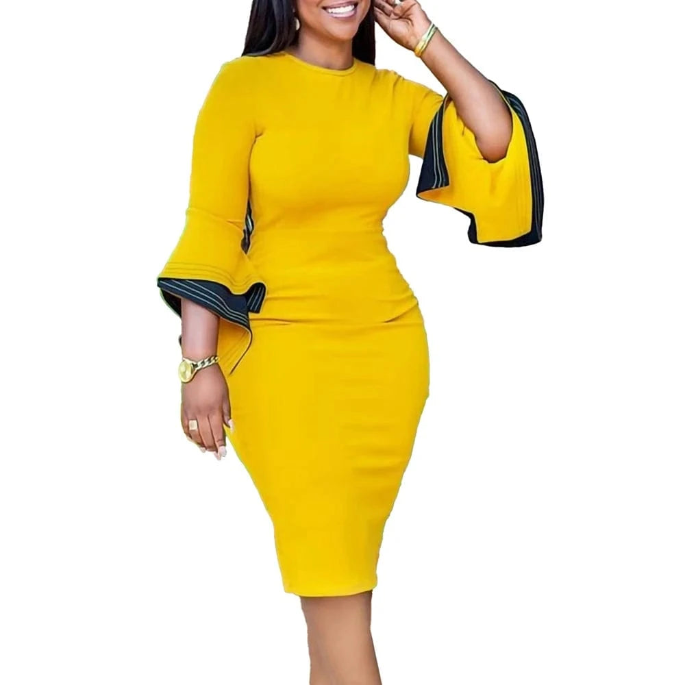 S / Yellow 2024 Vintage Africa Fashion Dresses Patchwork Flare Three Quarter Sleeve O-Neck Birthday Party Midi Dress for Women Vestidos