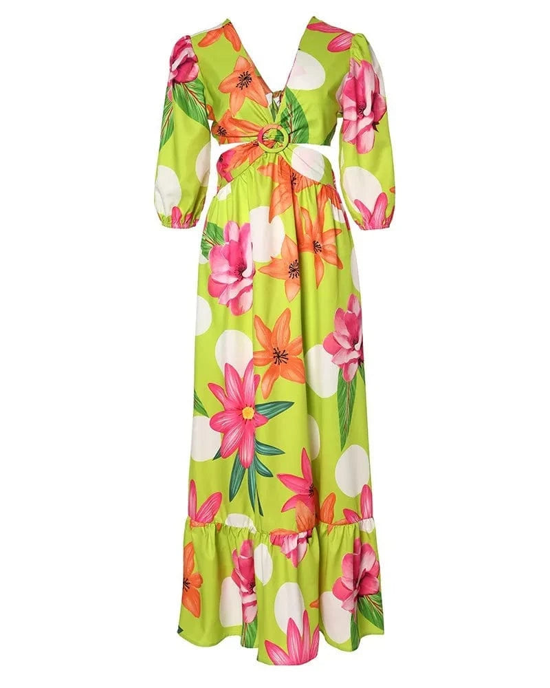 S / Yellow 5819# chic design vintage chiffon floral printing casual elegant long maxi dress loose empire Bohemia hollow out dress