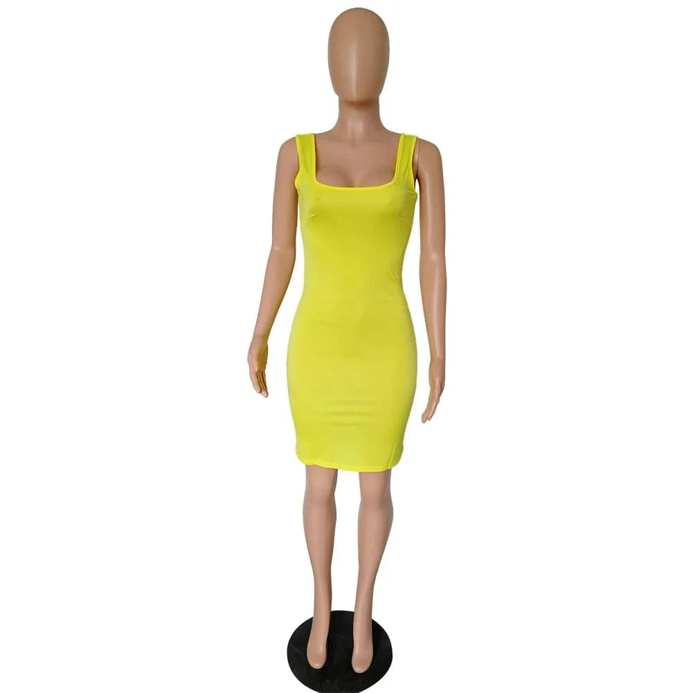 S / Yellow Big Discount On Sales women dresses summer clothes women solid color bodycon dress women neon green midi dress