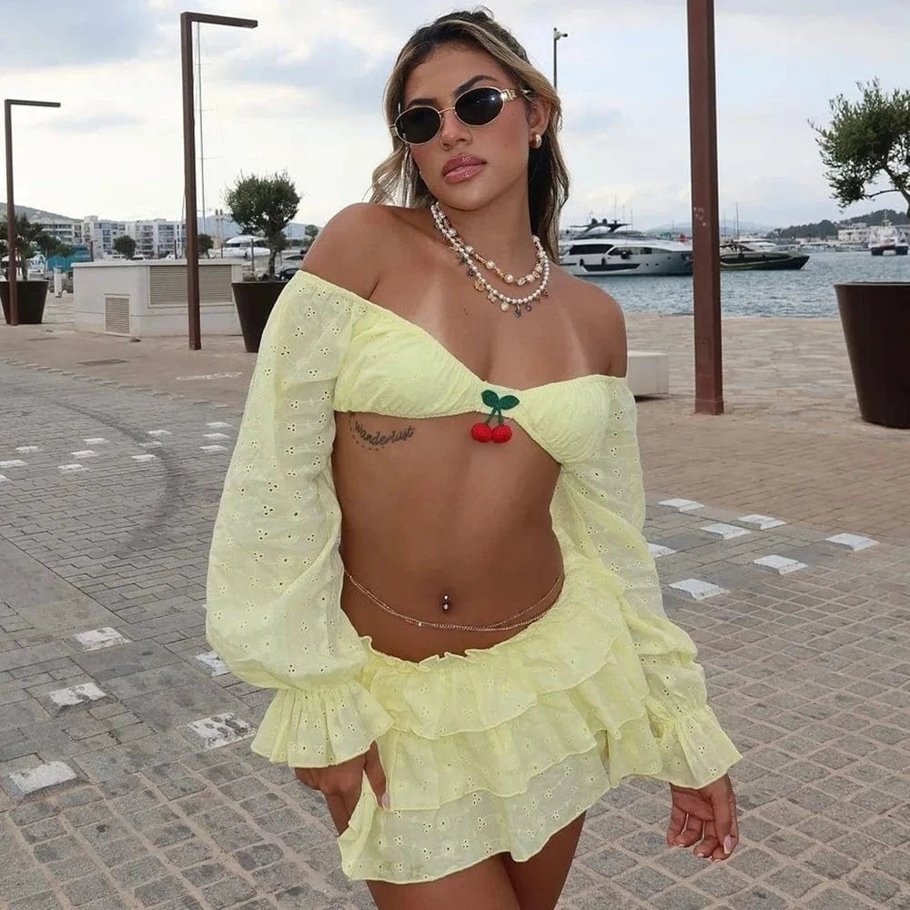 S / Yellow Bomblook Z816ST03 Outfits Women's Streetwear Casual 3D Cherry Decoration Longsleeve One Shoulder Top + Mini Skirt 2 Piece set
