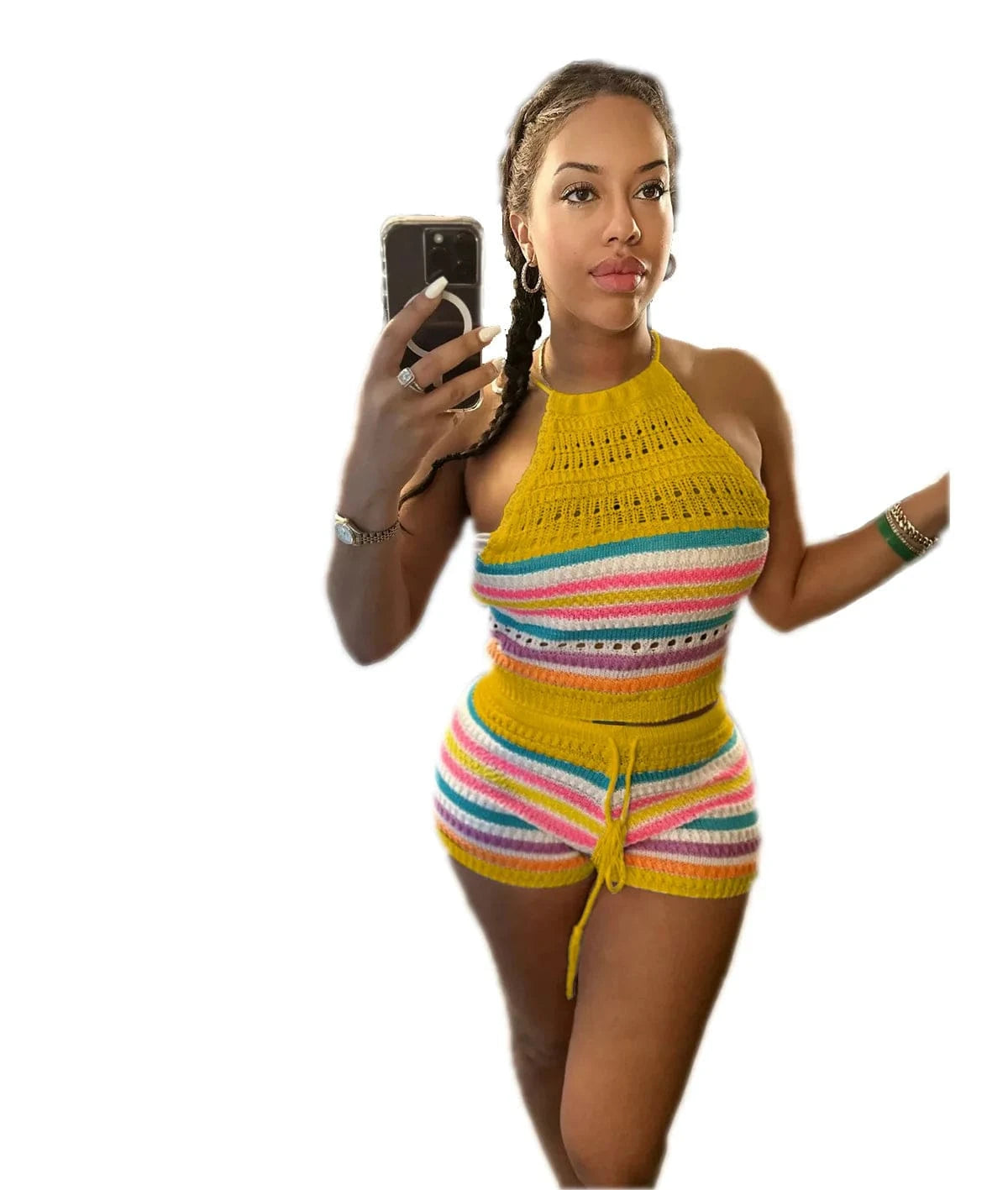 S / Yellow Halter Top Knitted Summer Sets Women 2 Piece Sets Summer 2024 New Arrival Leisure Two Piece Knit Short and Crop Set