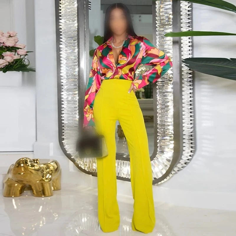 S / Yellow HK7003 Fashion Autumn Causal Street Wear Trending Boutique Long Sleeve Lace-up Shirt And High Waist Pant 2 Piece Set Women