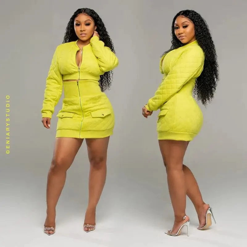 S / Yellow Knit 2-piece sexy zipper miniskirt suit jacket short skirt suit winter collocation tight waist short skirt suit women