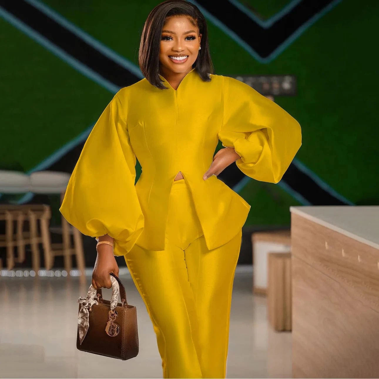 S / Yellow Liu Ming African Autumn Outfits Women Fashion Puff Sleeve Tops Pants Trousers Plus Size Party Wear 2 Piece Set