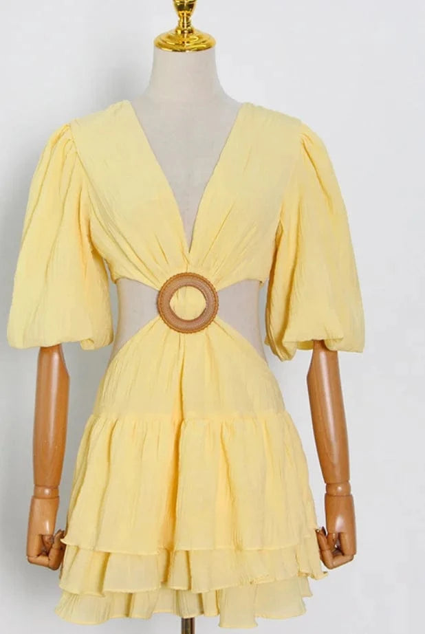 S / Yellow Liu Ming Hot Selling 2024 Elegant Women Summer V Neck Backless Casual Loose A Line Short Dress