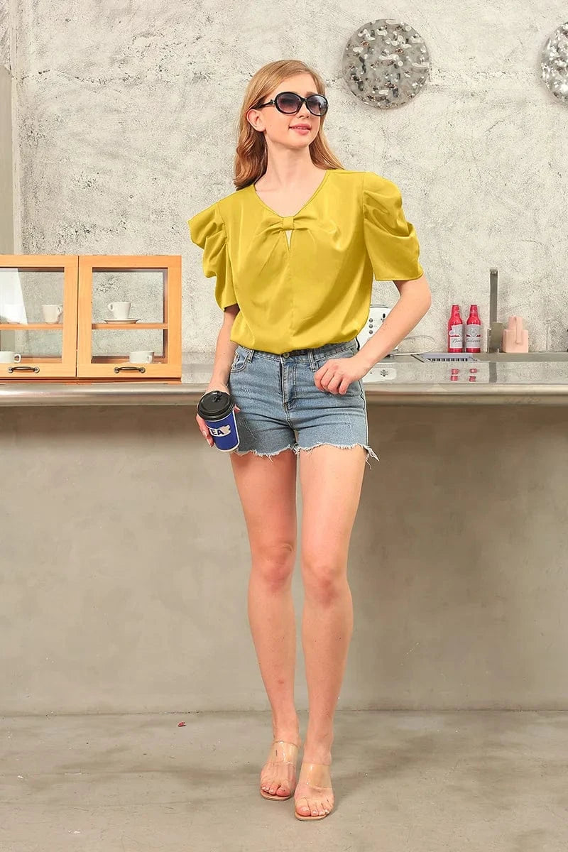 S / Yellow Short Sleeved Top Women's V-neck Solid Fashion Bubble Sleeves Bow Tie Pullover Ladies Commuting Casual Wear Spring Summer 2024
