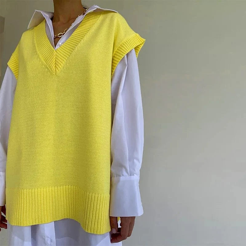 S / Yellow Wholesale 2024 Autumn Fashion Women Sweaters Vest Oversized Knitted Vest Casual Wear Sleeveless Crop Tops Knit Sweaters