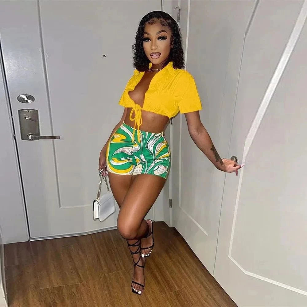 S / Yellow Women Going Out Outfits Summer 2 Piece Set Women Shorts Set Shirt Top and Shorts Set Summer Crop Top 2 Piece Women