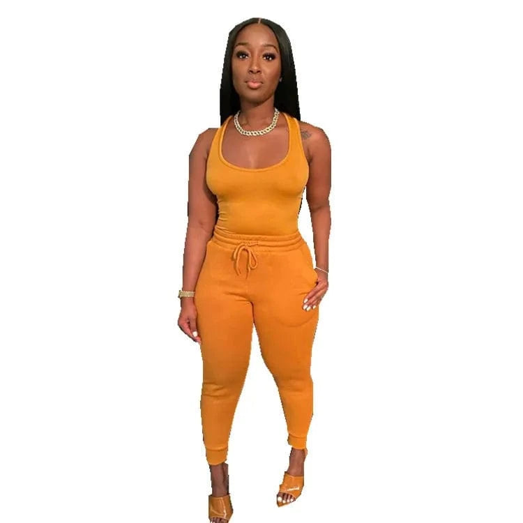 S / Yellow Womens 2 Piece Terry Jogger Set Tank Top Two Piece Sweat Pants Summer Cotton Jogger Sets Women Plain