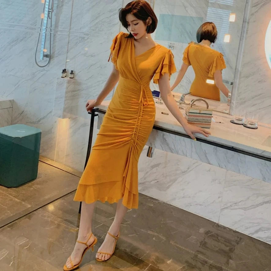 S / Yellow ZYHT 3892 Summer New Style Trumpet Sleeve Leisure Vacation Ruffle Hem Bodycon Women's Drawstring Elegant Dresses