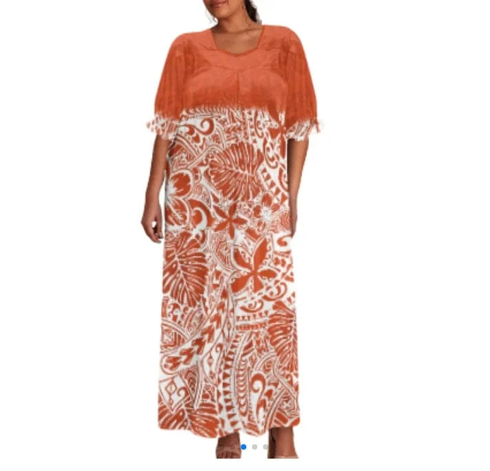 S / YSF0872-1 brand new 2024 summer beach isalnd casual tribal dress custom design polynesian puff sleeve large size straight long mumu dress