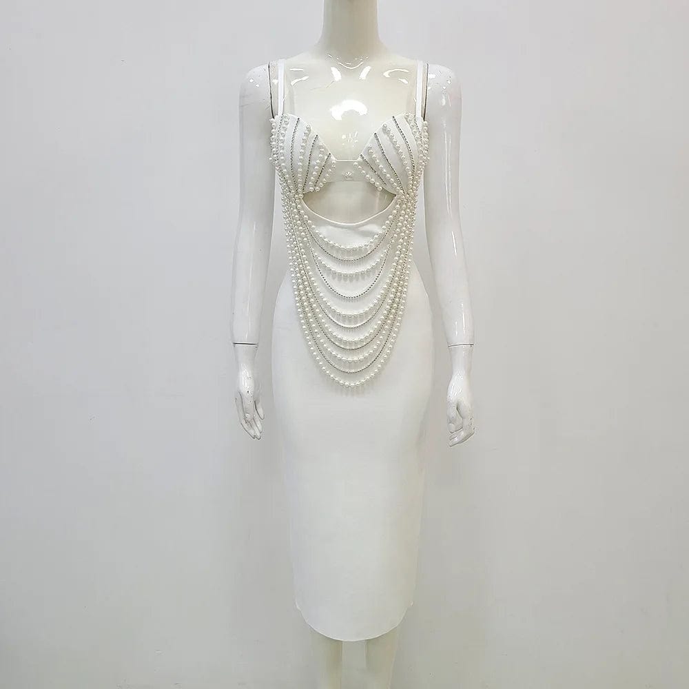 S / YYSF3008 White Ocstrade Luxury Elegant Pearl Strap Black Maxi Dress V-Neck Slim Fit Wrap Hips Sexy Bandage Evening Dress Ball Gown