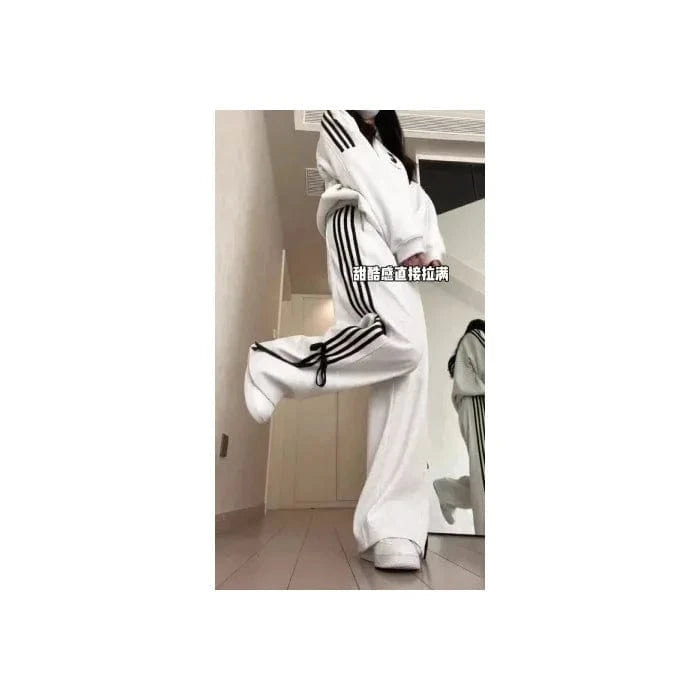 S / Z915ST02 White pants Bomblook Z915ST02 Street Sports Bow Striped Jacket Stand Collar Women's Slim Fit Zipper Jacket+Pants Bow Pants 2 Piece Set