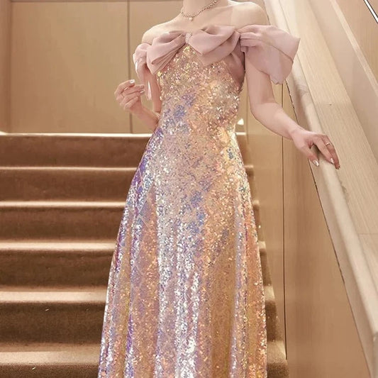 S0150G  2024 new pink sequins off shoulder banquet light luxury host, high -level feeling  women long evening dress