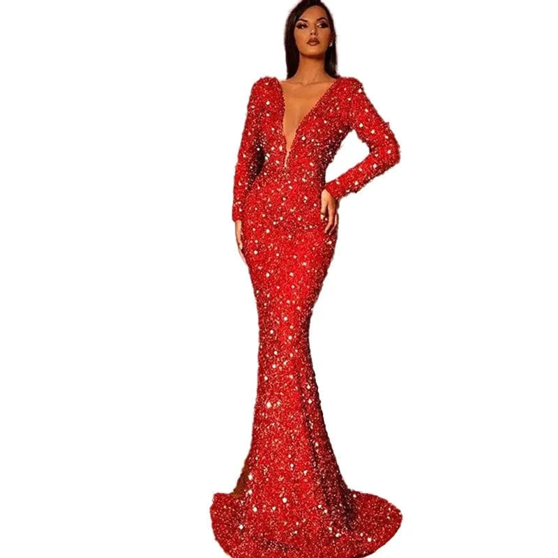 S0274G 2024 new hot -selling European American package hip fish tail red sequins long -sleeved V -neck evening dresses for women