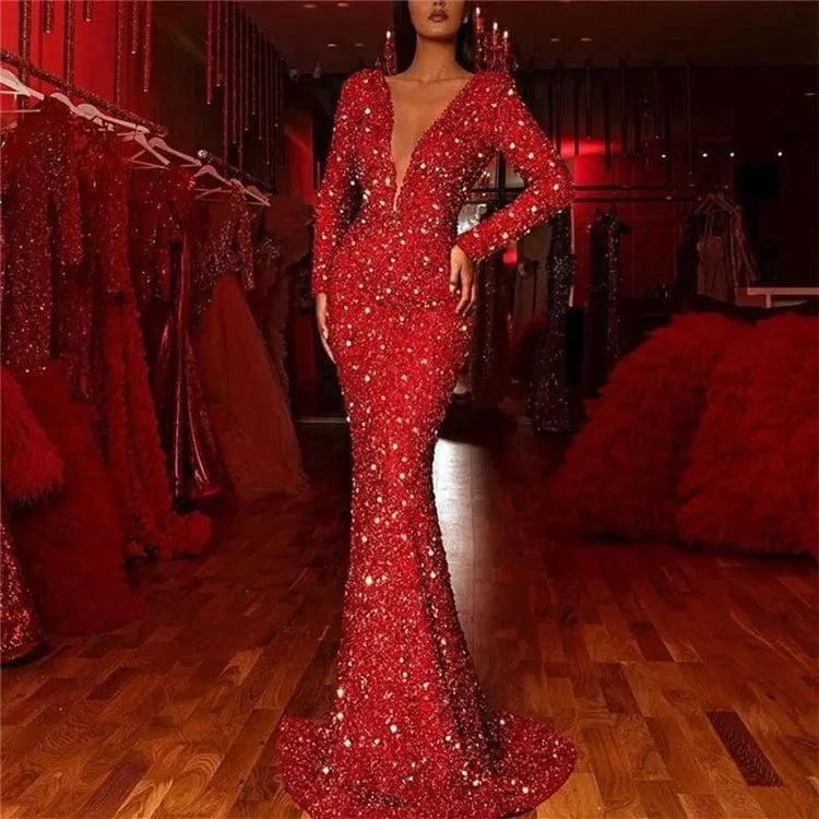 S0274G 2024 new hot -selling European American package hip fish tail red sequins long -sleeved V -neck evening dresses for women