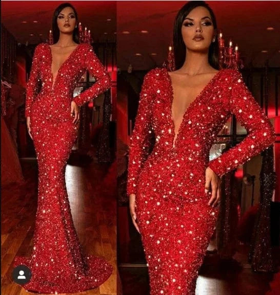S0274G 2024 new hot -selling European American package hip fish tail red sequins long -sleeved V -neck evening dresses for women
