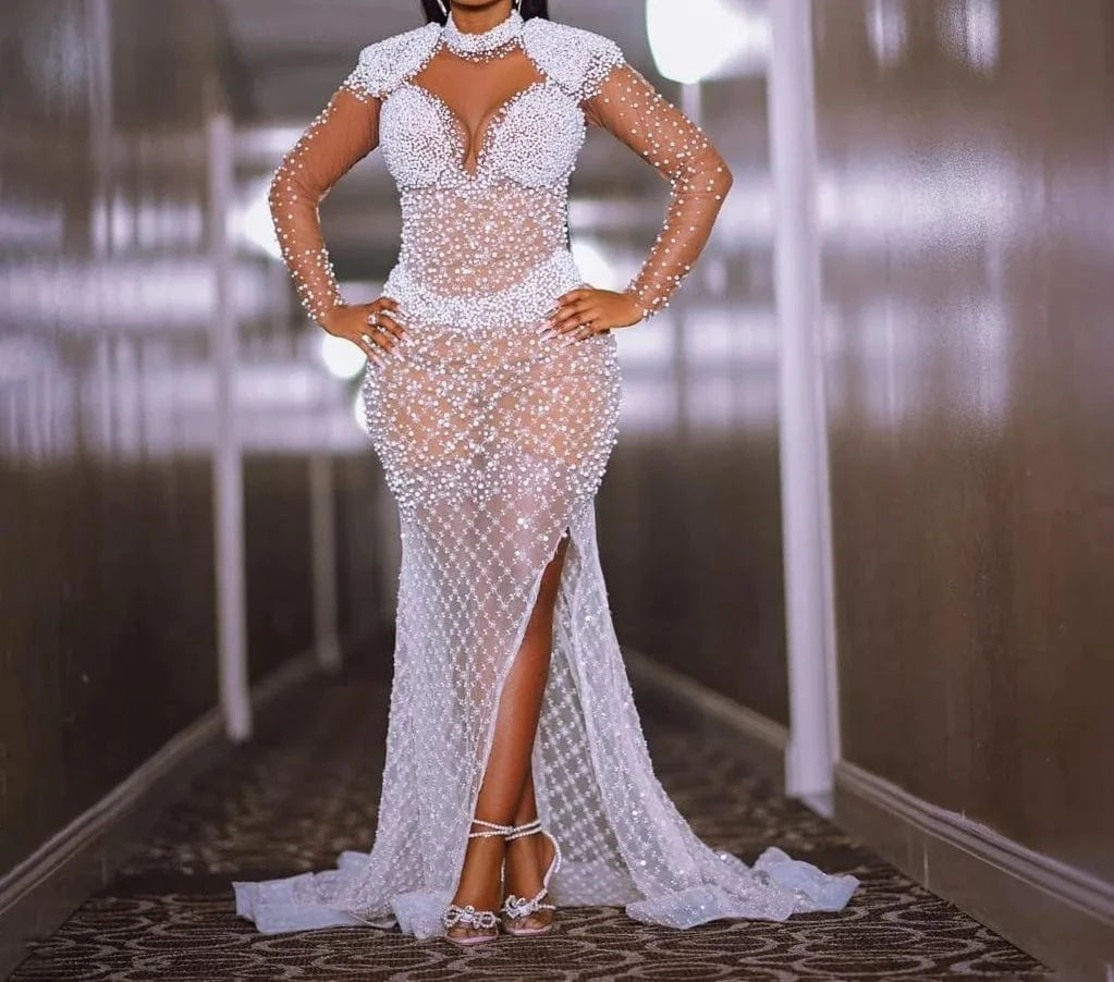 S0368G      Drop shipping  2024  New hot -selling long -sleeved lace pearl elegant women bride wedding dress