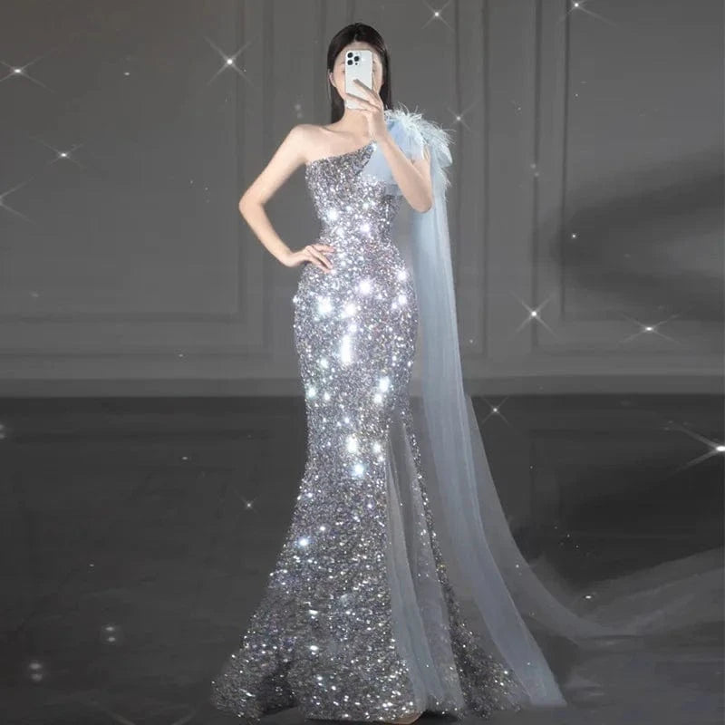 S0471R New hot style high-end bride one-shoulder ribbon elegant engagement sexy dream fishtail light luxury sequin dress