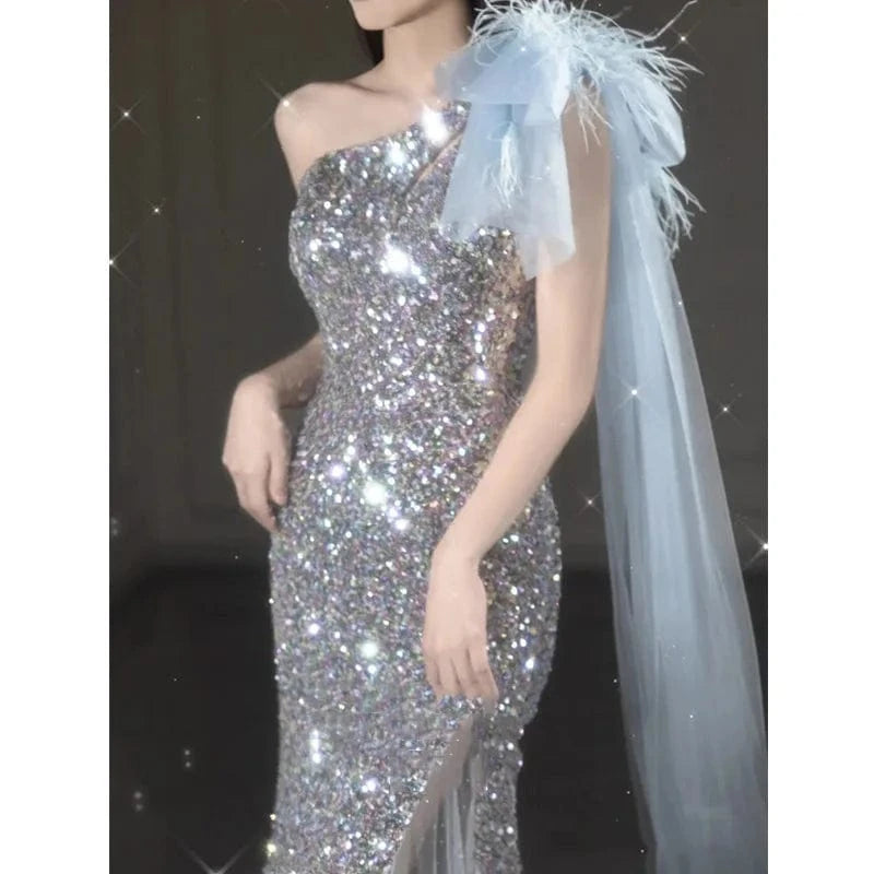 S0471R New hot style high-end bride one-shoulder ribbon elegant engagement sexy dream fishtail light luxury sequin dress