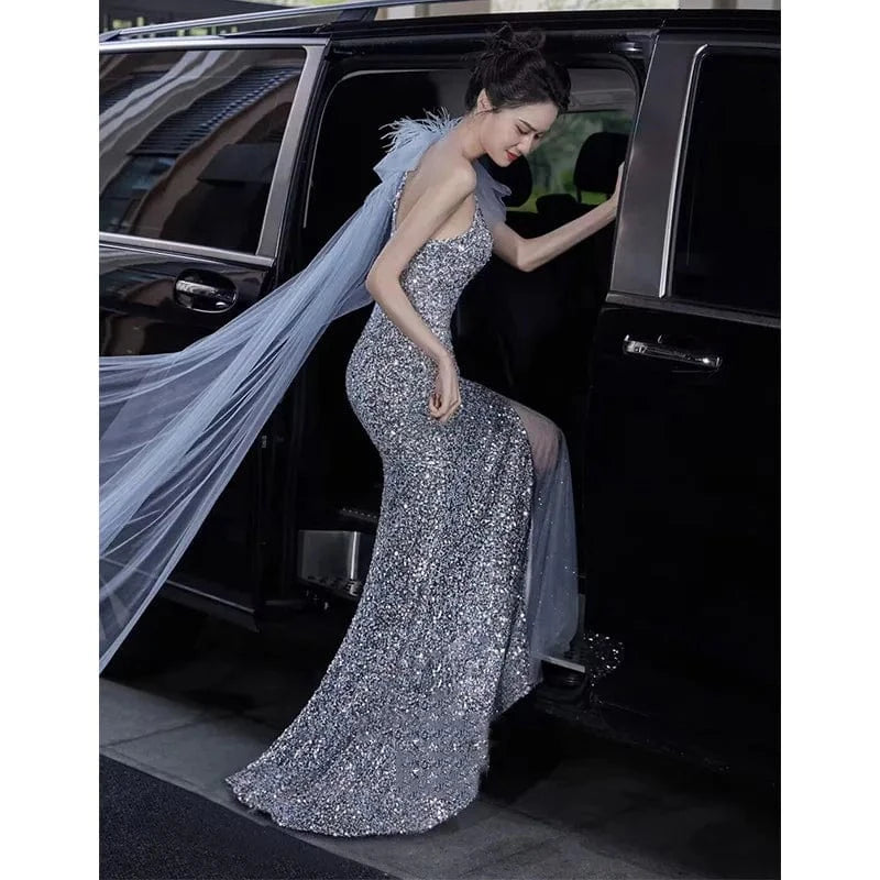 S0471R New hot style high-end bride one-shoulder ribbon elegant engagement sexy dream fishtail light luxury sequin dress