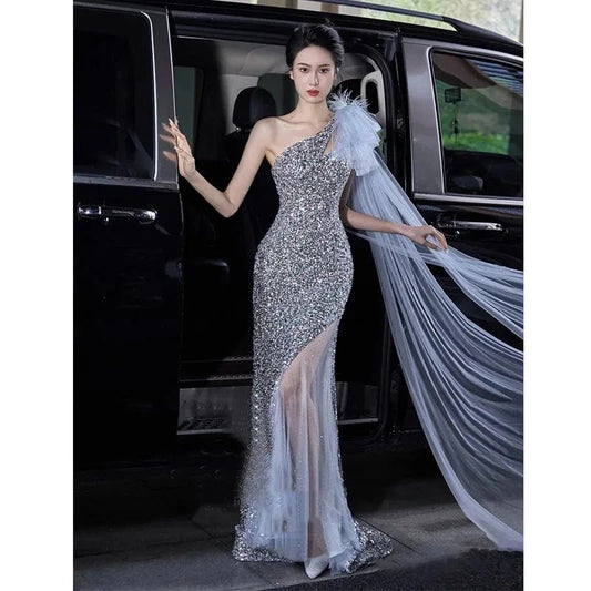 S0471R New hot style high-end bride one-shoulder ribbon elegant engagement sexy dream fishtail light luxury sequin dress