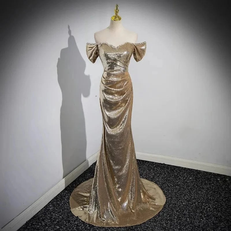 S0475R New hot-selling high-quality elegant and dignified one-shoulder trailing sequined fashionable evening dress