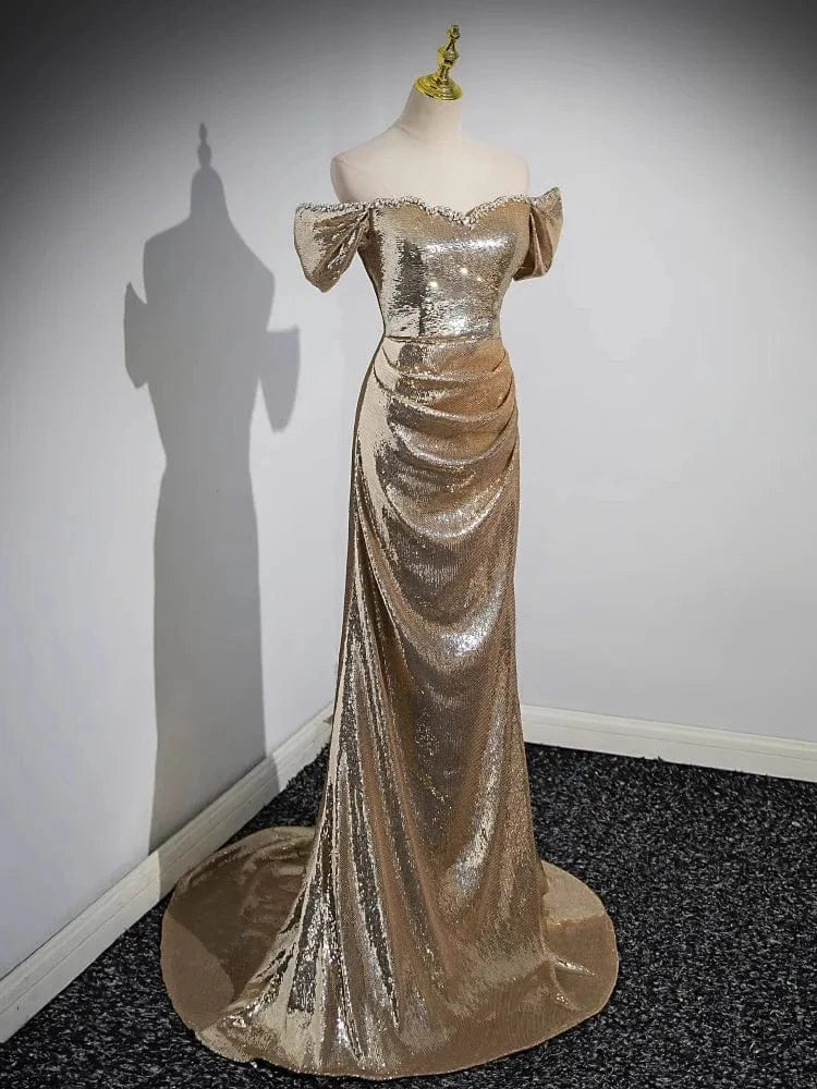 S0475R New hot-selling high-quality elegant and dignified one-shoulder trailing sequined fashionable evening dress