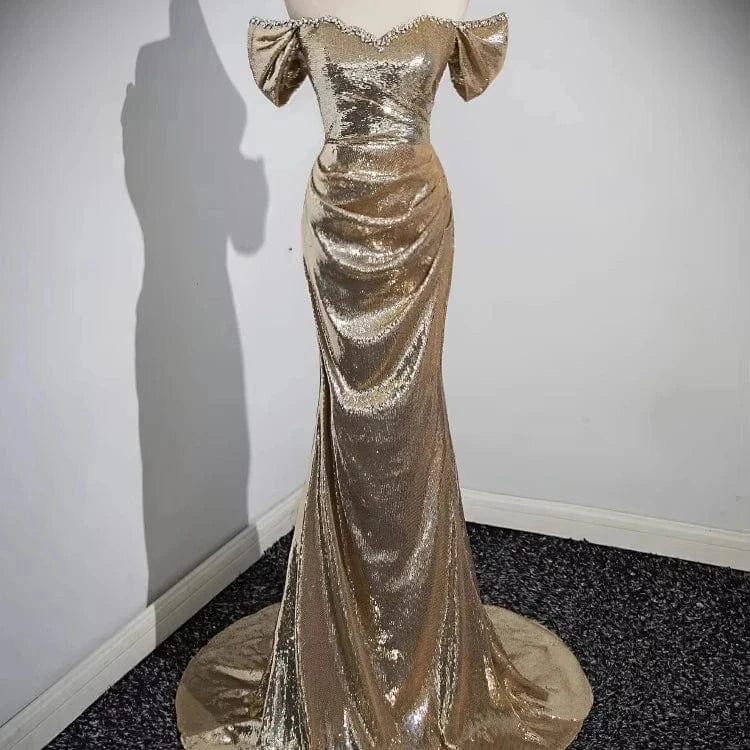 S0475R New hot-selling high-quality elegant and dignified one-shoulder trailing sequined fashionable evening dress