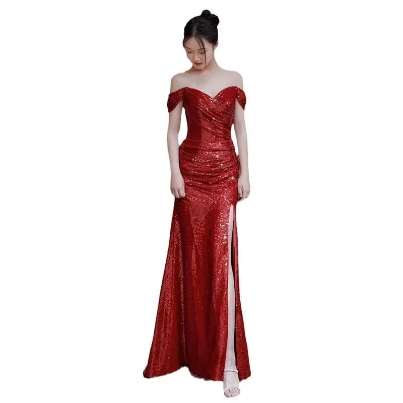 S0510R One-shoulder temperament bride wine red wedding return dress high-end slim engagement fishtail dress