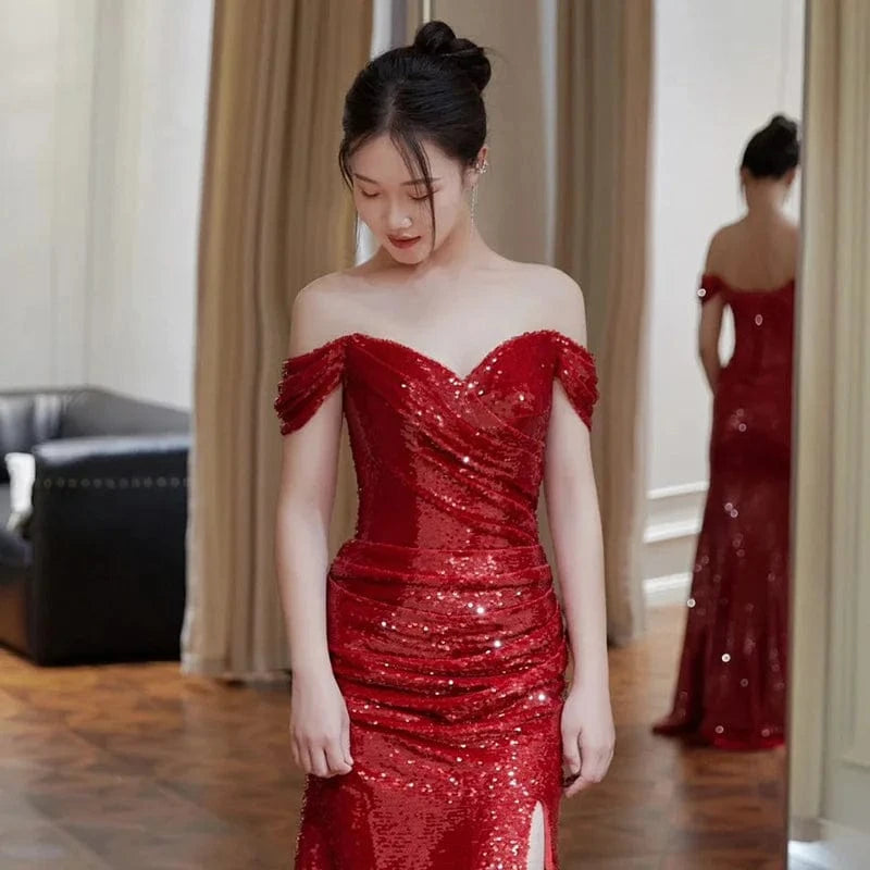 S0510R One-shoulder temperament bride wine red wedding return dress high-end slim engagement fishtail dress