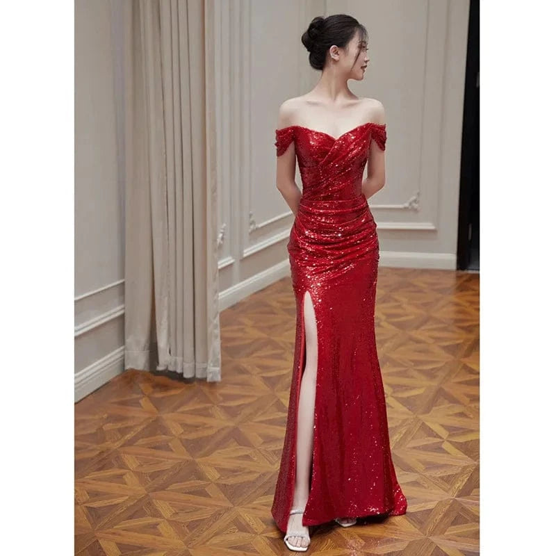 S0510R One-shoulder temperament bride wine red wedding return dress high-end slim engagement fishtail dress
