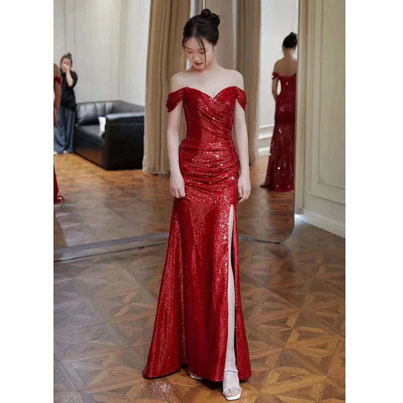 S0510R One-shoulder temperament bride wine red wedding return dress high-end slim engagement fishtail dress