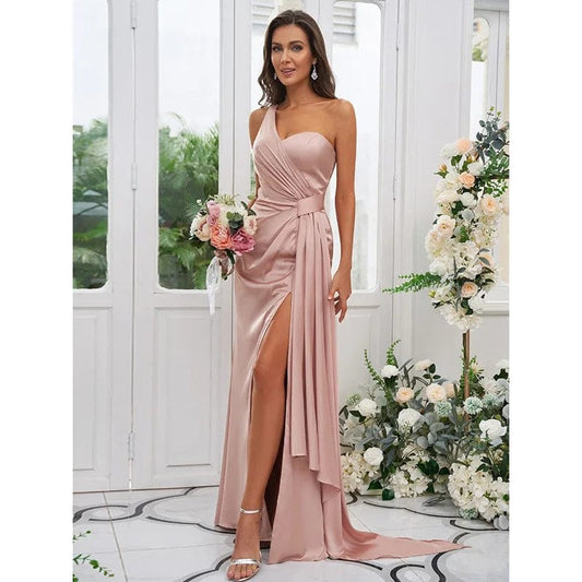 S0577R New spring and summer solid color one-shoulder slit high-end temperament high waist floor-length evening dress