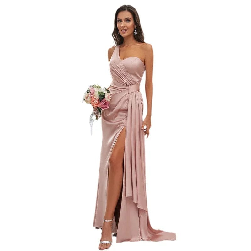 S0577R New spring and summer solid color one-shoulder slit high-end temperament high waist floor-length evening dress
