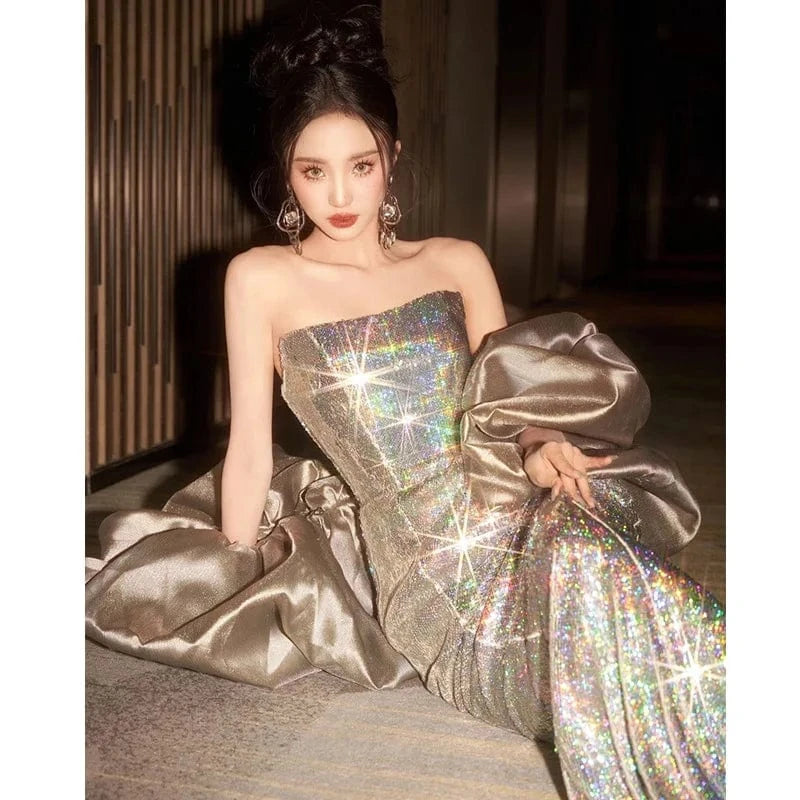 S0655T   2024 Classic Fairy-Style Shoulder Banquet Dress Mermaid Silhouette Lace Pattern Chapel Train Hot-Selling New Design