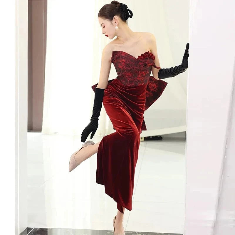 S1278T  2024 Elegant Gray Span Banquet Dress Classic Sexy Mermaid Silhouette Tube Top Fish Tail Lace Decoration Chapel Tra