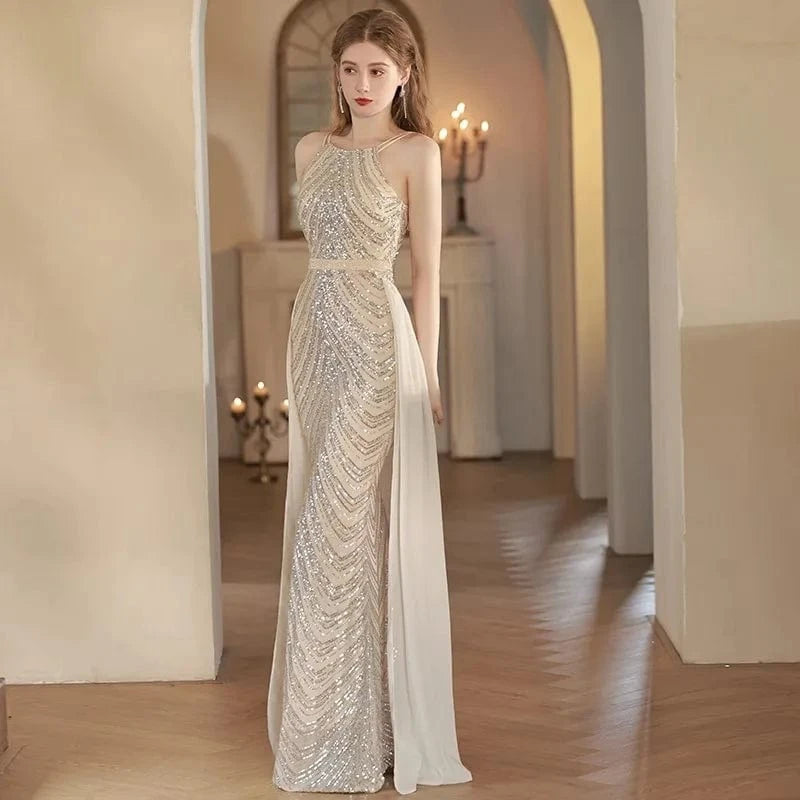 S1327T    2024 High Quality V-Neck Elegant Women's Evening Dress Royal Design with Lace Decoration Thin and Can Be Worn Long