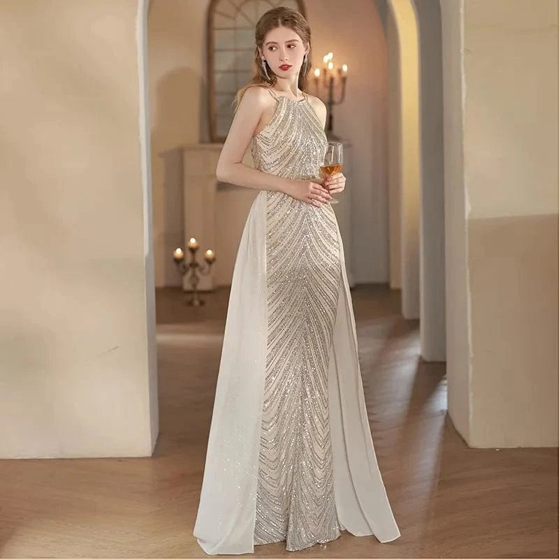 S1327T    2024 High Quality V-Neck Elegant Women's Evening Dress Royal Design with Lace Decoration Thin and Can Be Worn Long