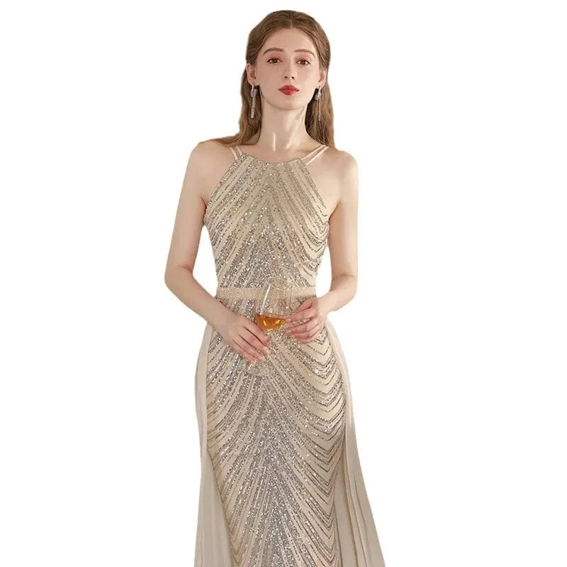 S1327T    2024 High Quality V-Neck Elegant Women's Evening Dress Royal Design with Lace Decoration Thin and Can Be Worn Long