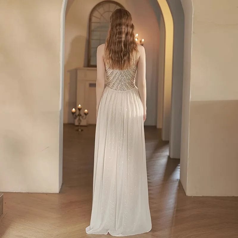 S1327T    2024 High Quality V-Neck Elegant Women's Evening Dress Royal Design with Lace Decoration Thin and Can Be Worn Long