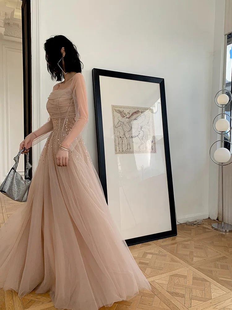 S1474T  2024 Hot Selling Classic Women's Long-Sleeved Light Luxury Panton Dress Elegant Lady's Evening Gown with Lace Decoration