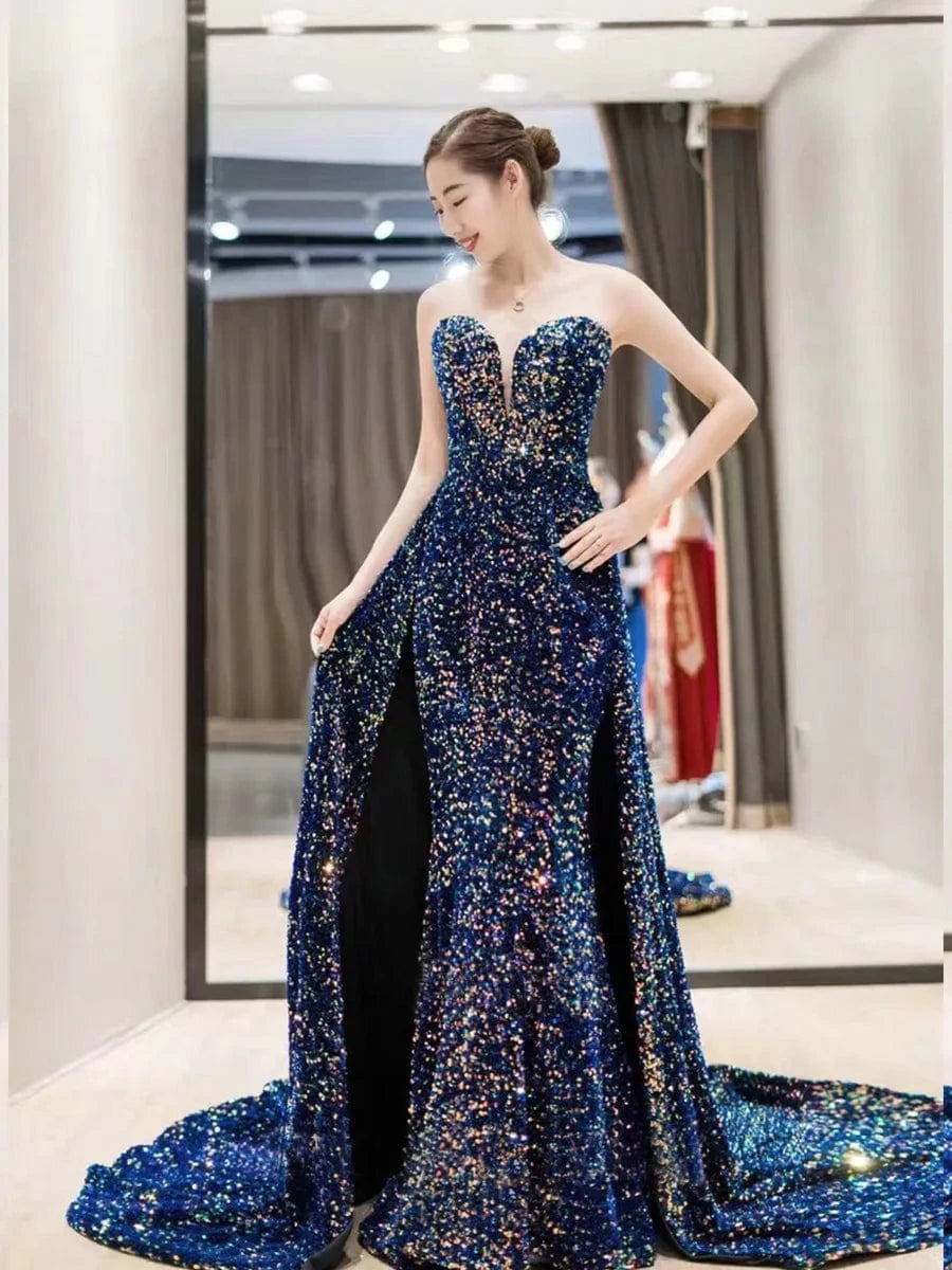 S1491T    2024 New Fashion Turkish Women's Elegant Evening Dress High Slit Sequin Fabric with Lace Decoration Chapel Train