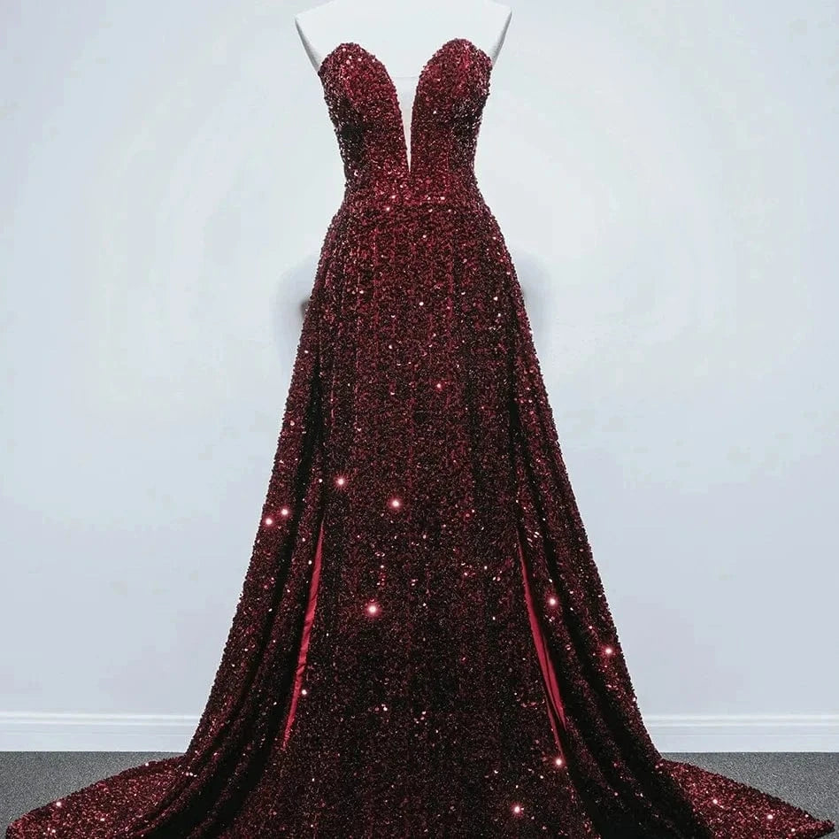 S1491T    2024 New Fashion Turkish Women's Elegant Evening Dress High Slit Sequin Fabric with Lace Decoration Chapel Train