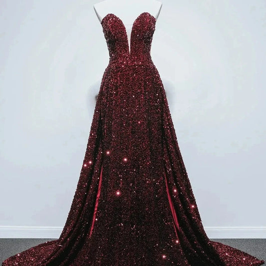 S1491T    2024 New Fashion Turkish Women's Elegant Evening Dress High Slit Sequin Fabric with Lace Decoration Chapel Train