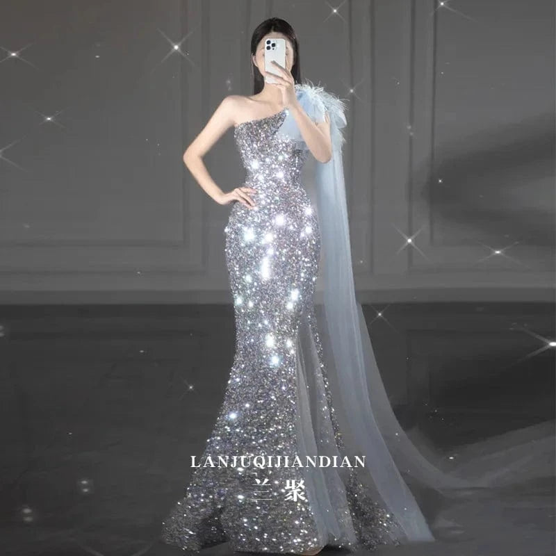 S1501T   2024 Elegant Long Wedding Dress High-Cut Sexy Shoulder-Length Thin Evening Gowns Lace Decoration Ball Gown Waistline