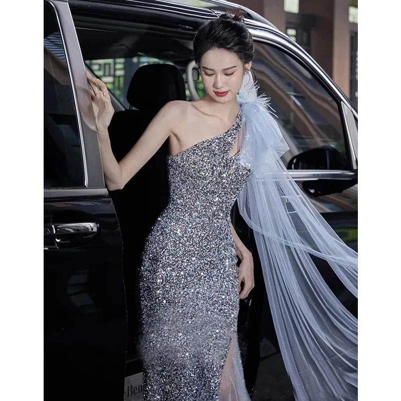 S1501T   2024 Elegant Long Wedding Dress High-Cut Sexy Shoulder-Length Thin Evening Gowns Lace Decoration Ball Gown Waistline