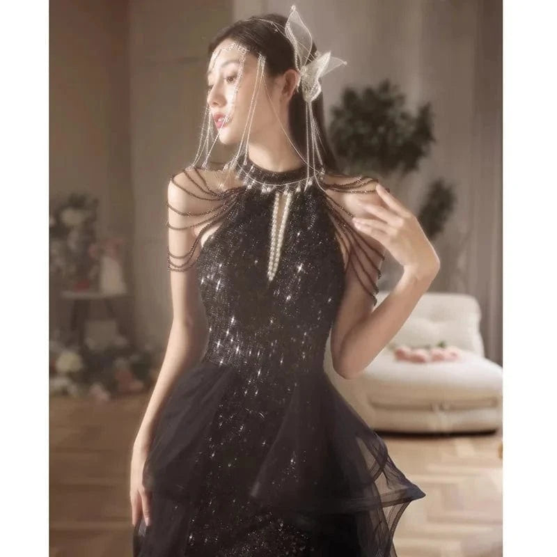 S1531T    2024 Elegant A-Line Light Luxury Evening Gown Women Long Sleeved Panton Dress Lace Decoration Chapel Train Hot-Selling